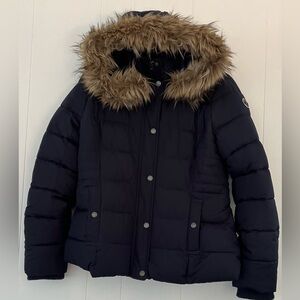 Abercrombie & Fitch Navy Blue Quilted Puffer with Faux Fur Hood Size Large